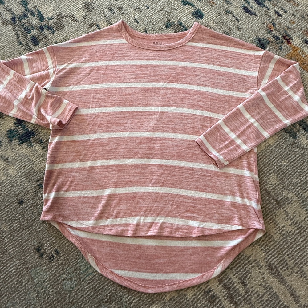 Pink & white stripe long sleeve pullover casual shirt blouse top sz small ladies
